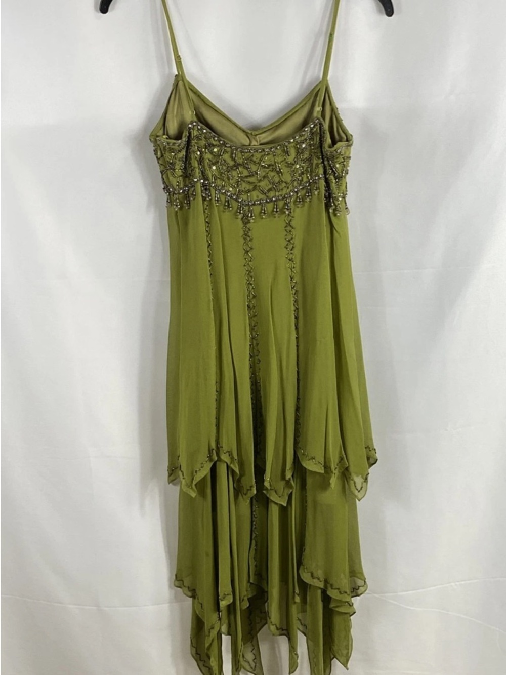 Sue Wong Olive Green Beaded Handkerchief-Hem Fairycore Slip Dress - Picture 3 of 8